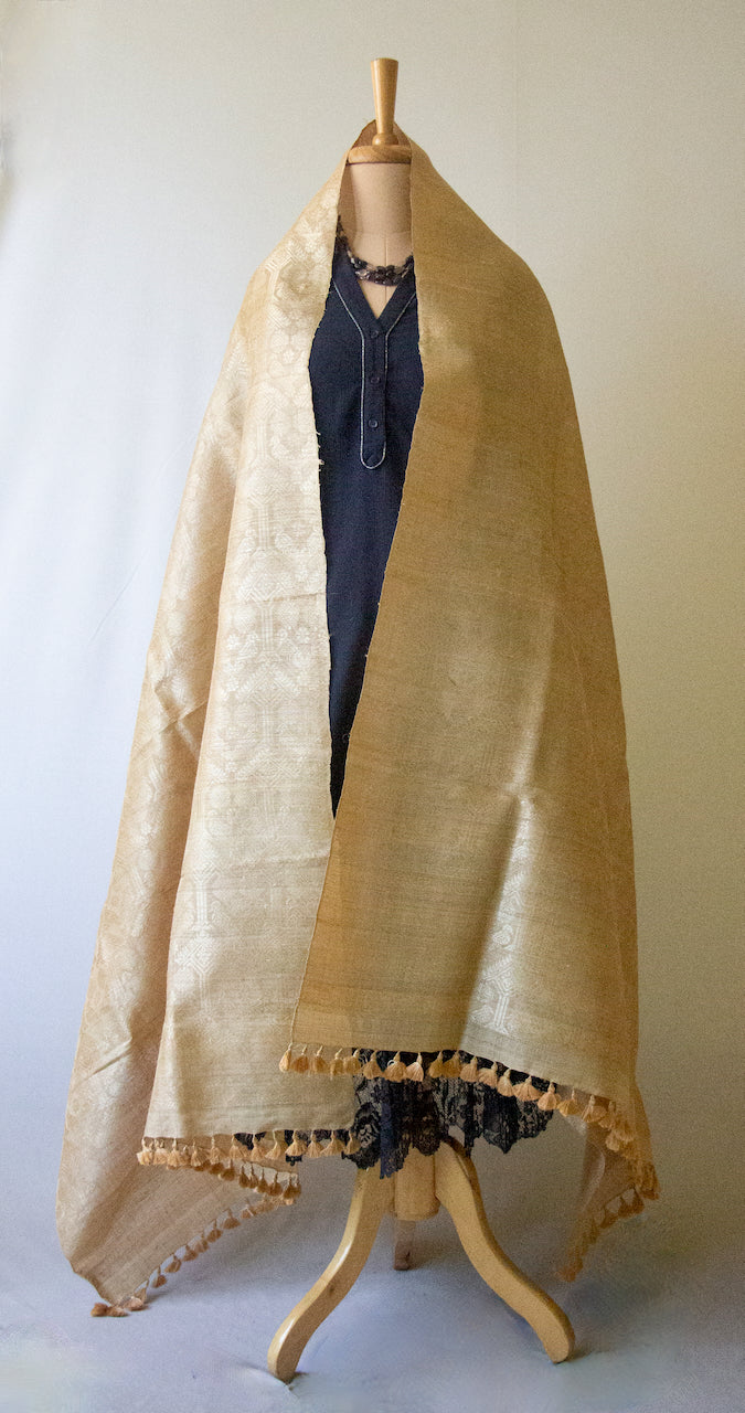 Hand woven authentic Muga Silk Dupatta / Wrap with all over Muga Silk Motifs  from Assam , India