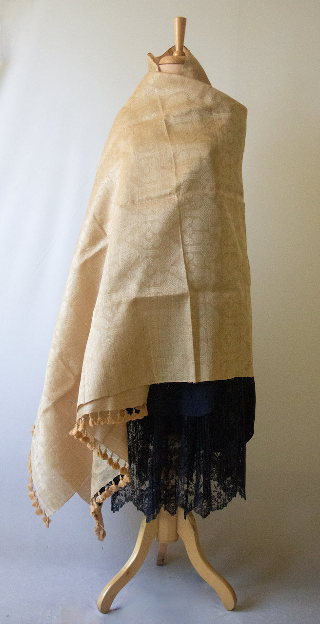 Hand woven authentic Muga Silk Dupatta / Wrap with all over Muga Silk Motifs  from Assam , India