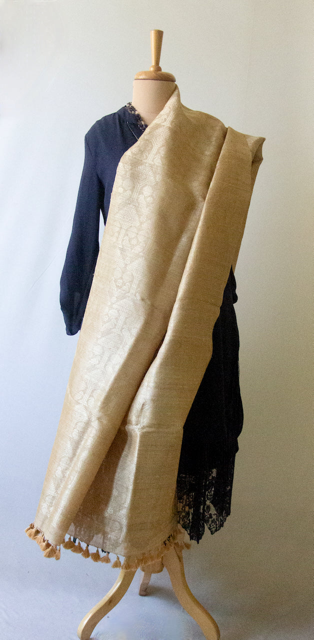 Hand woven authentic Muga Silk Dupatta / Wrap with all over Muga Silk Motifs  from Assam , India