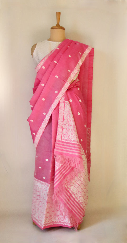 Pink Cotton Silk Handloom Mekhela Chador Set from Assam