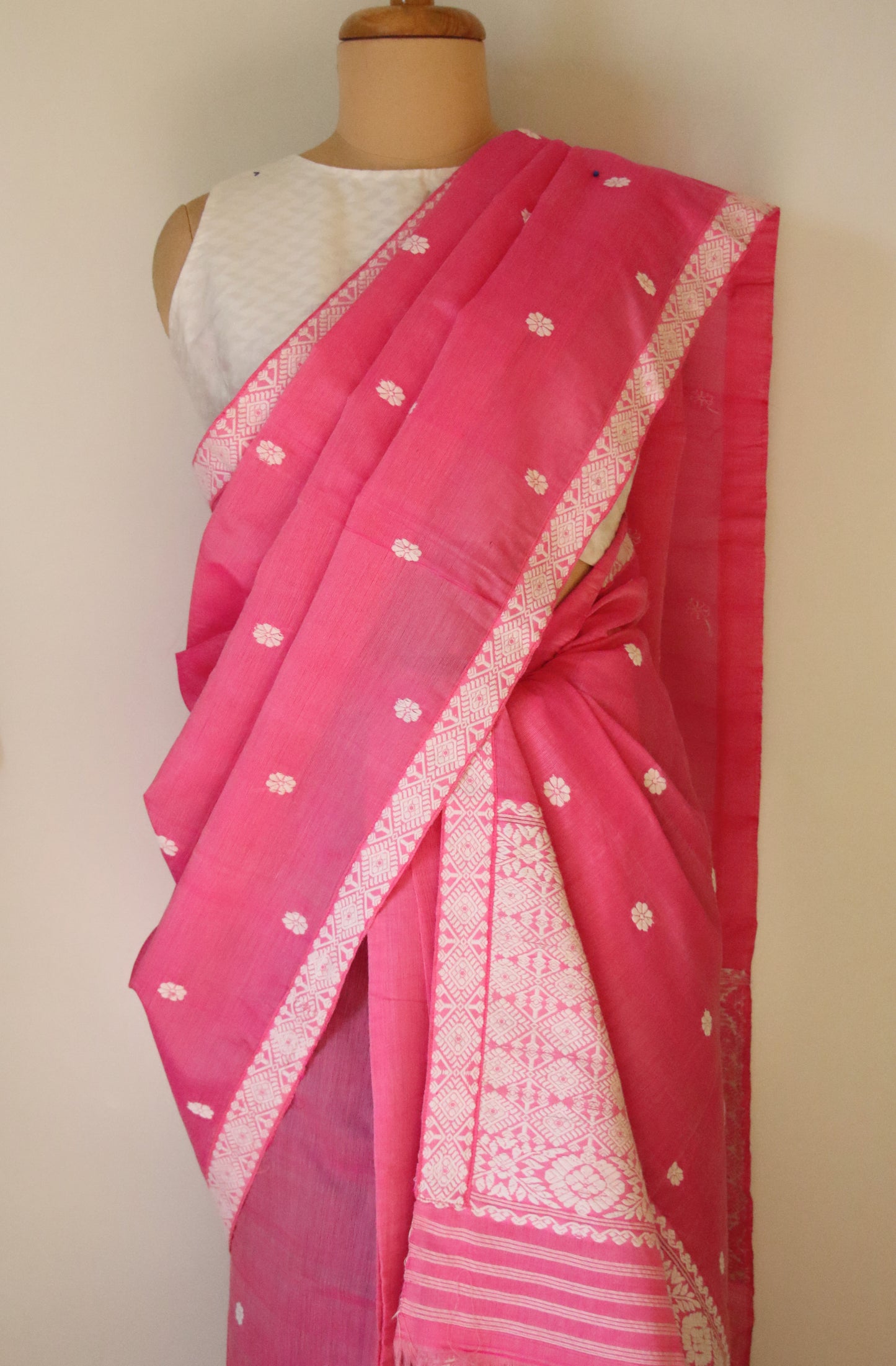 Pink Cotton Silk Handloom Mekhela Chador Set from Assam