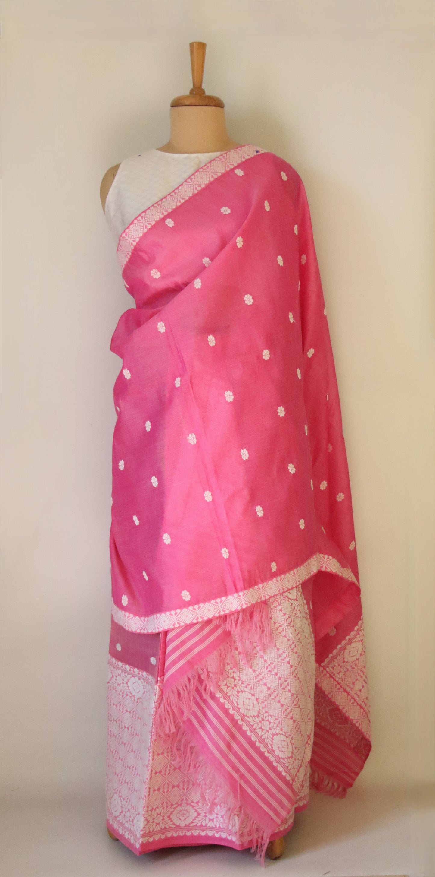 Pink Cotton Silk Handloom Mekhela Chador Set from Assam