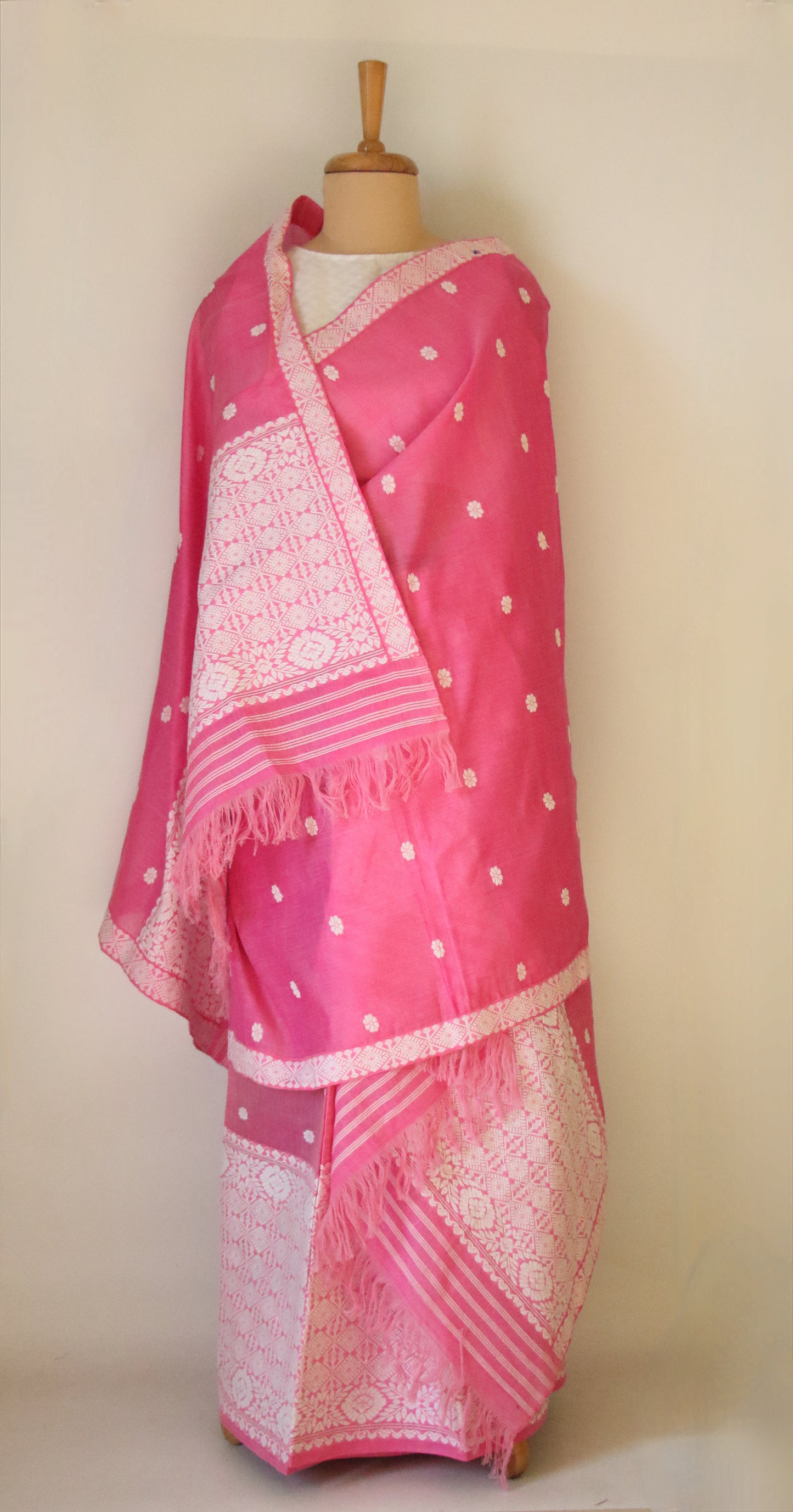 Pink Cotton Silk Handloom Mekhela Chador Set from Assam