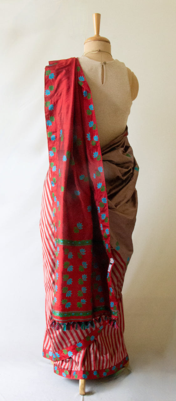 Maroon Handloom Mulberry Silk Saree from Assam