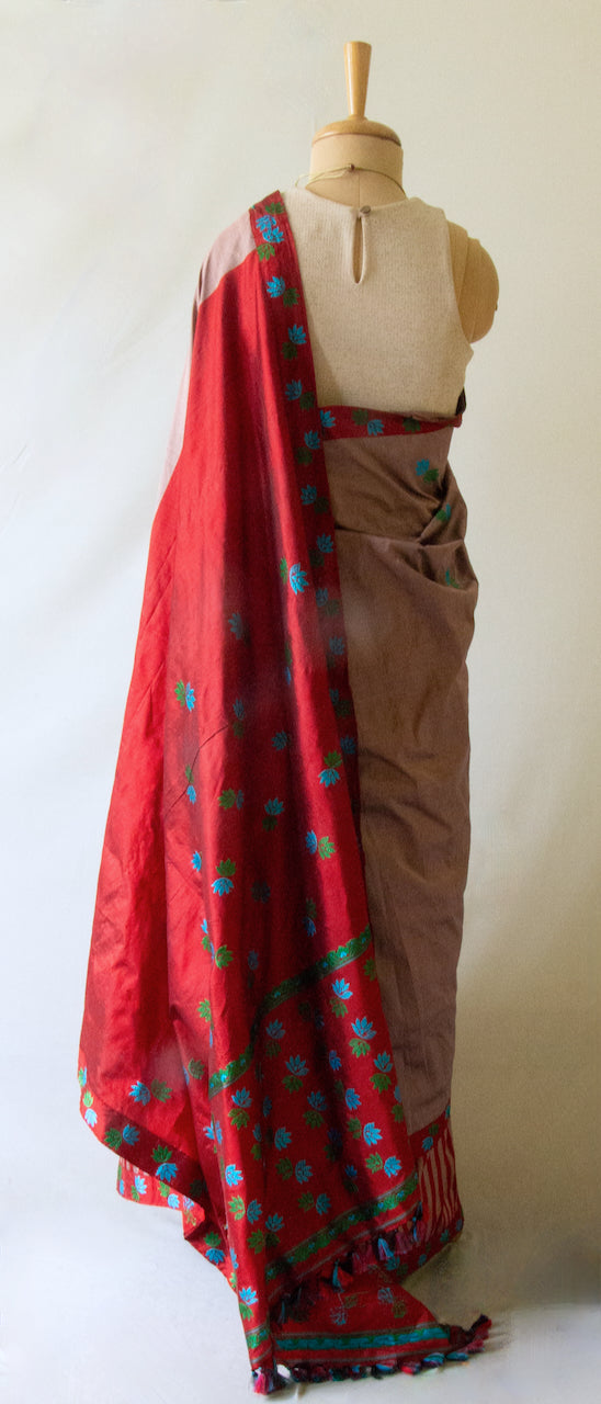 Maroon Handloom Mulberry Silk Saree from Assam