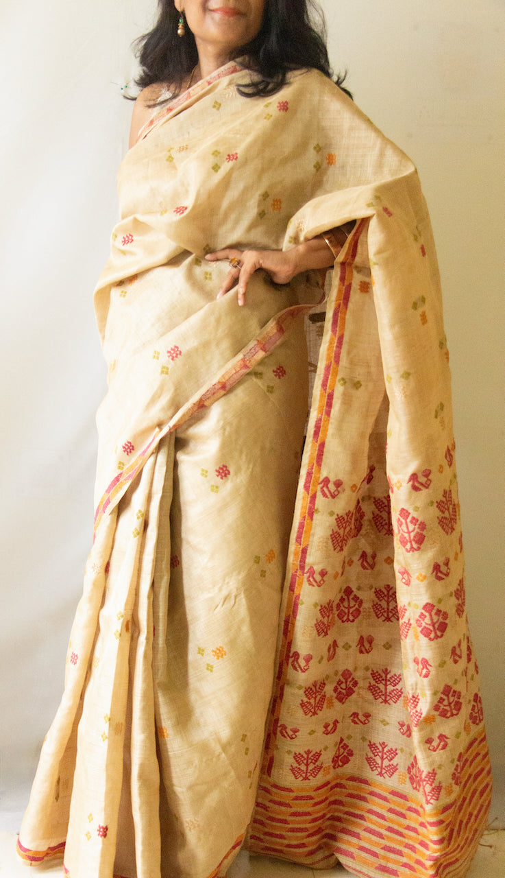 Muga Silk Saree with natural dyed Eri Silk  motifs from Assam