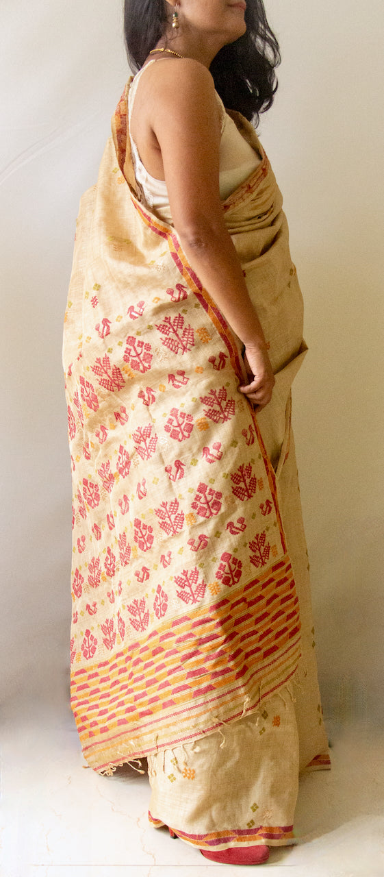 Muga Silk Saree with natural dyed Eri Silk  motifs from Assam