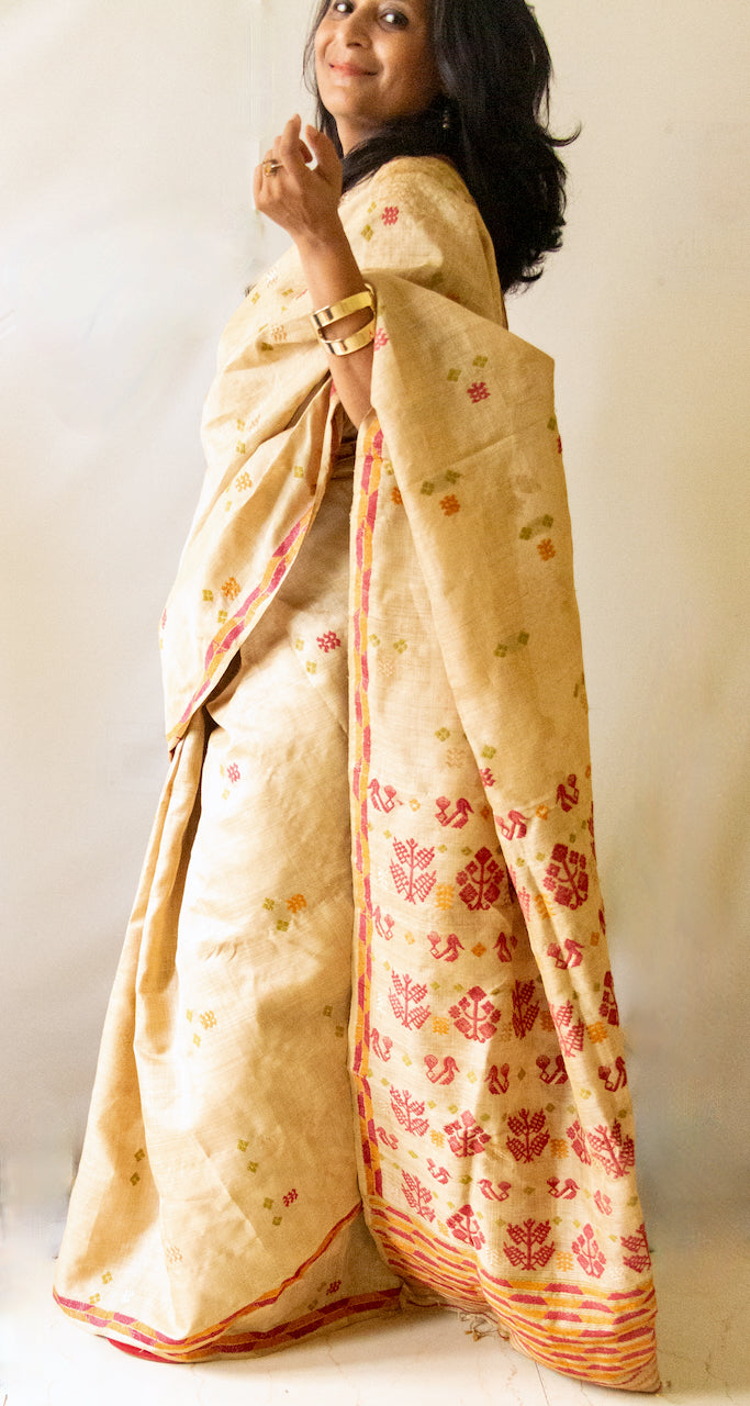 Muga Silk Saree with natural dyed Eri Silk  motifs from Assam