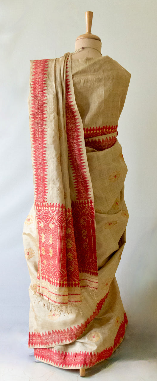 Muga Silk Sari with golden zari and Eri Silk motifs from Assam