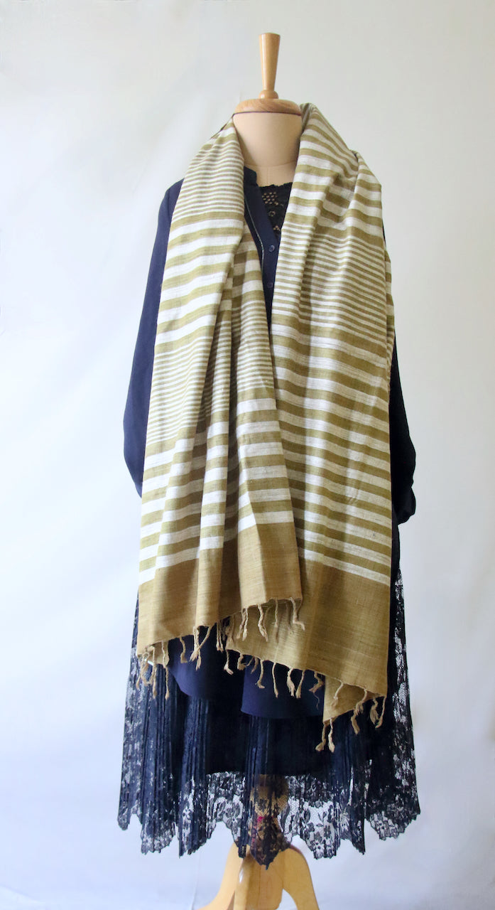 Green Stripe Natural Dyed Eri Silk Small Size Shawl from Assam