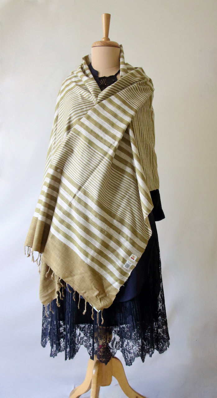 Green Stripe Natural Dyed Eri Silk Small Size Shawl from Assam