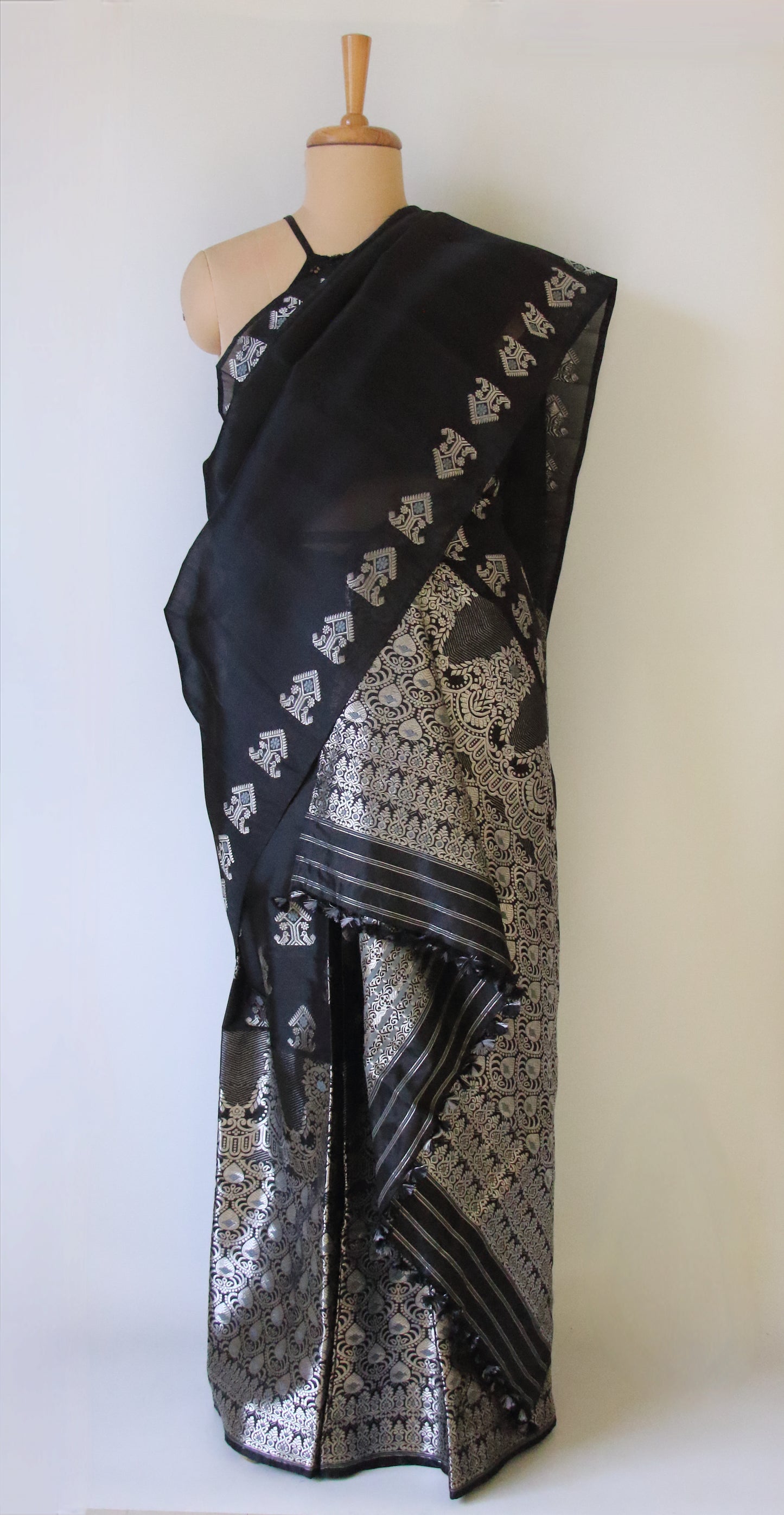 Black Handloom Mulberry Silk Mekhla Chador Set from Assam