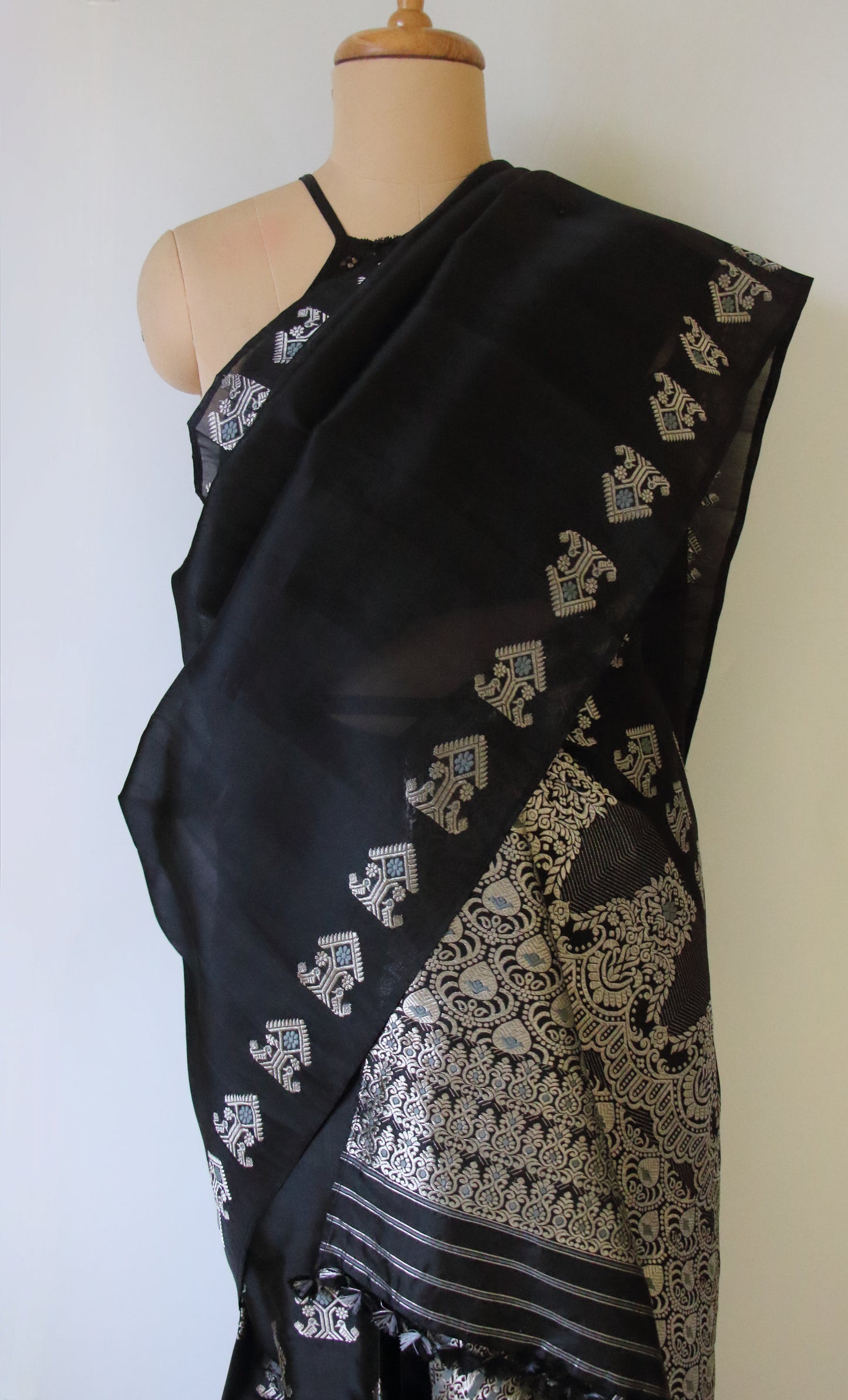 Black Handloom Mulberry Silk Mekhla Chador Set from Assam