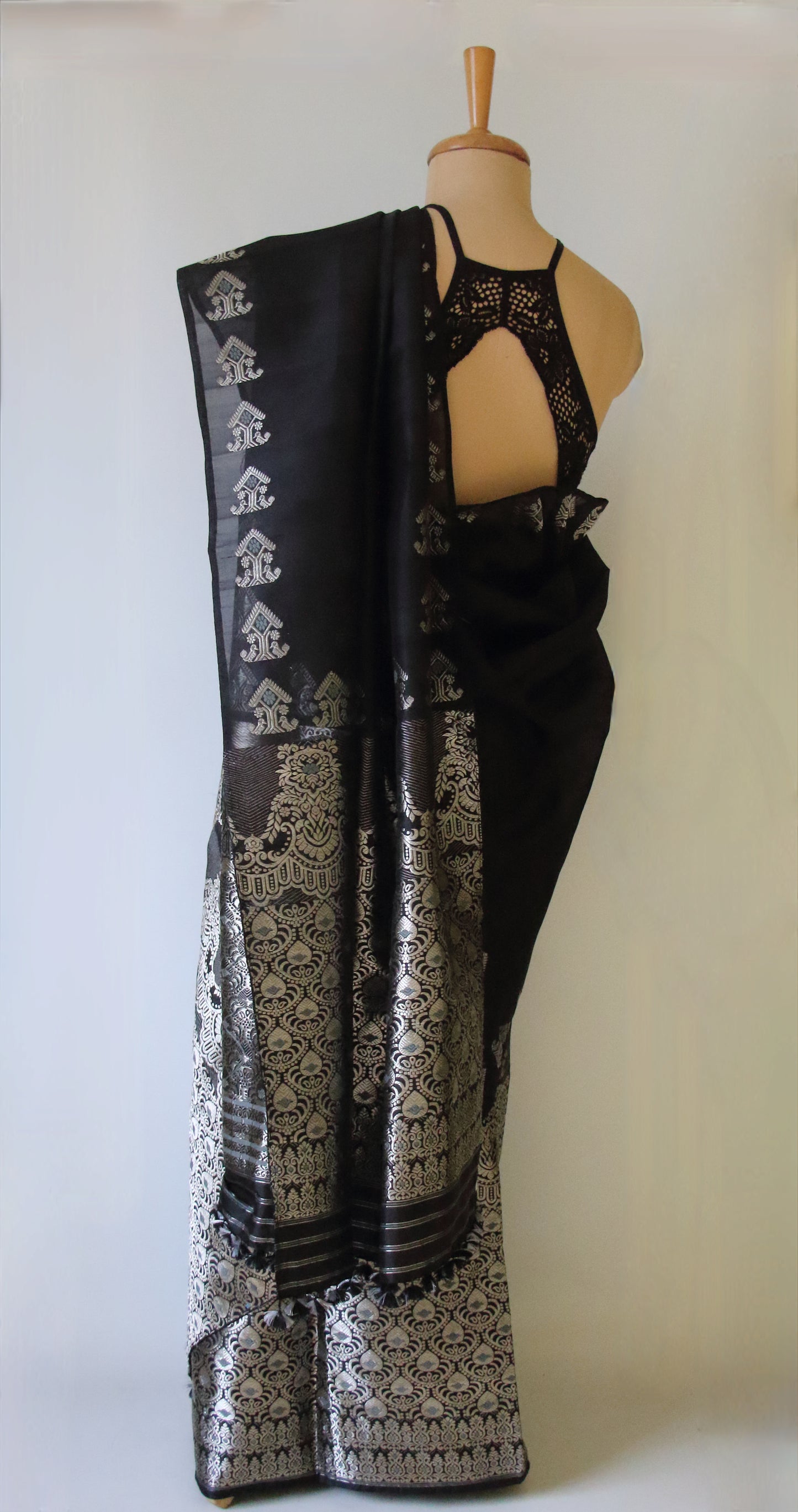 Black Handloom Mulberry Silk Mekhla Chador Set from Assam