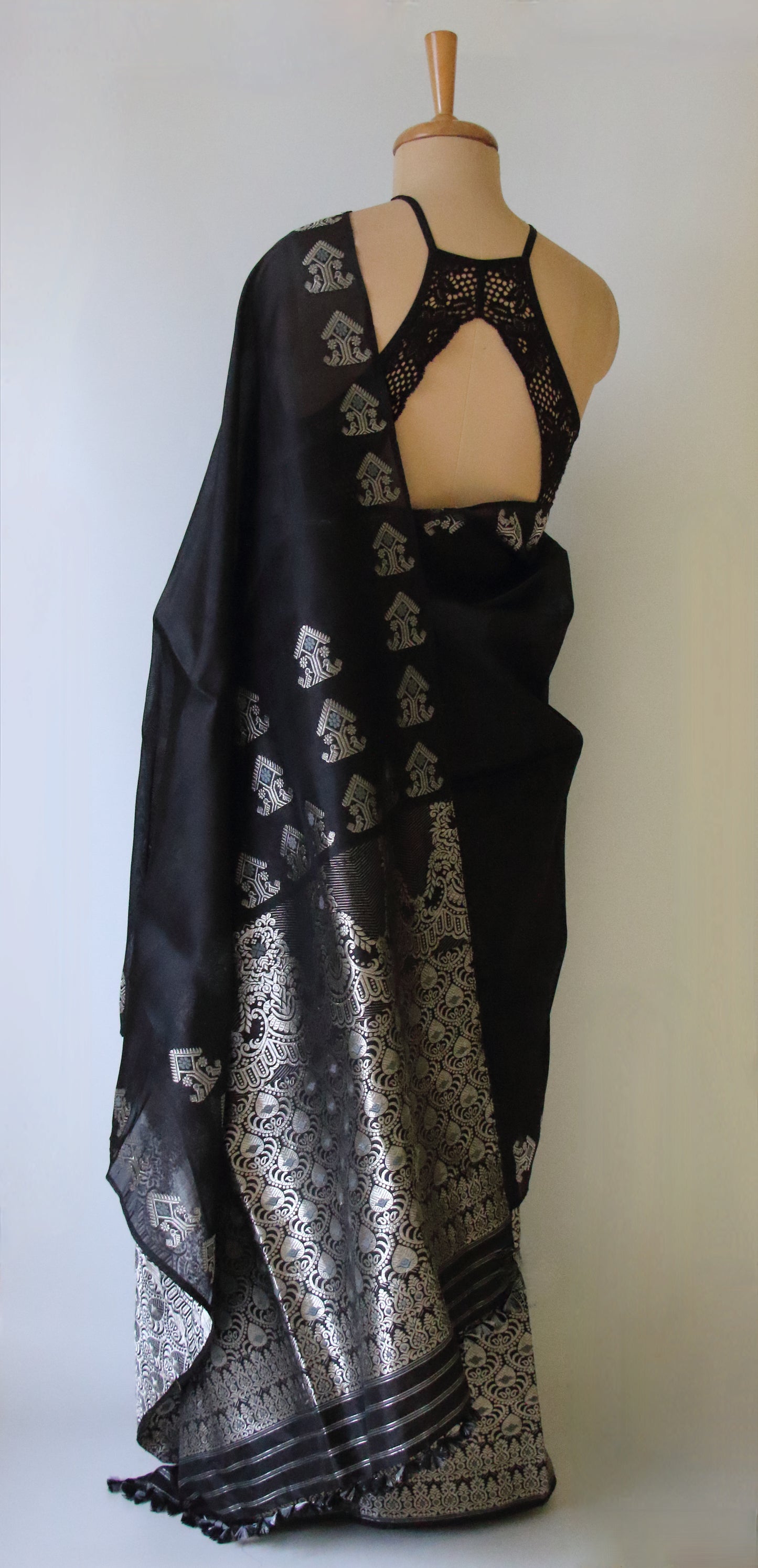 Black Handloom Mulberry Silk Mekhla Chador Set from Assam