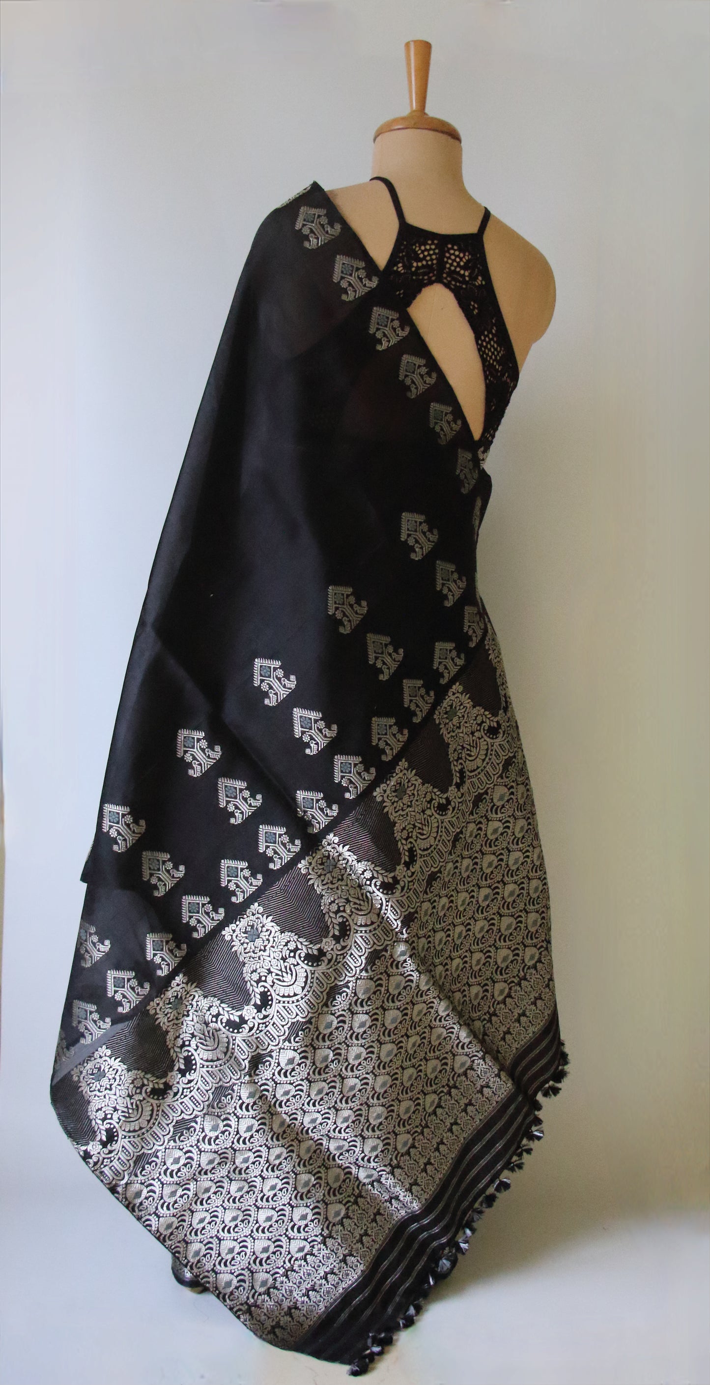 Black Handloom Mulberry Silk Mekhla Chador Set from Assam