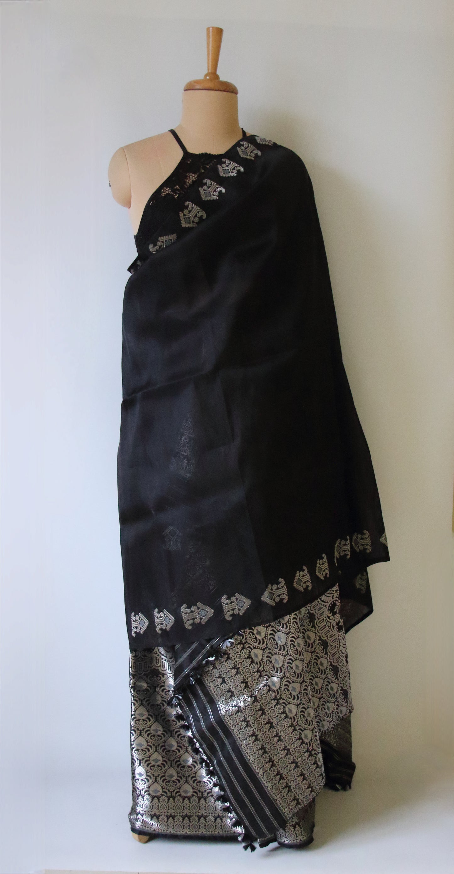 Black Handloom Mulberry Silk Mekhla Chador Set from Assam