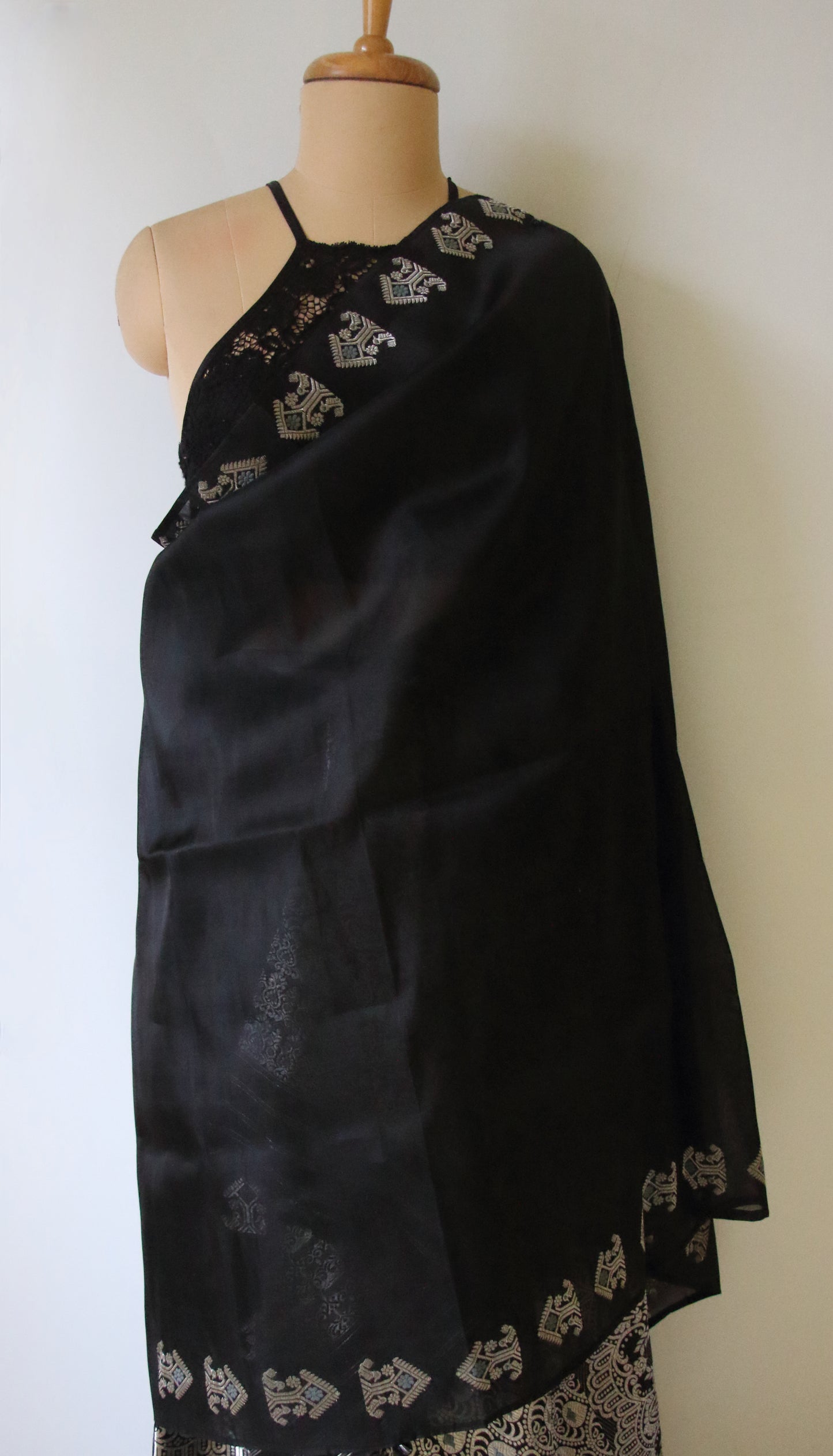 Black Handloom Mulberry Silk Mekhla Chador Set from Assam