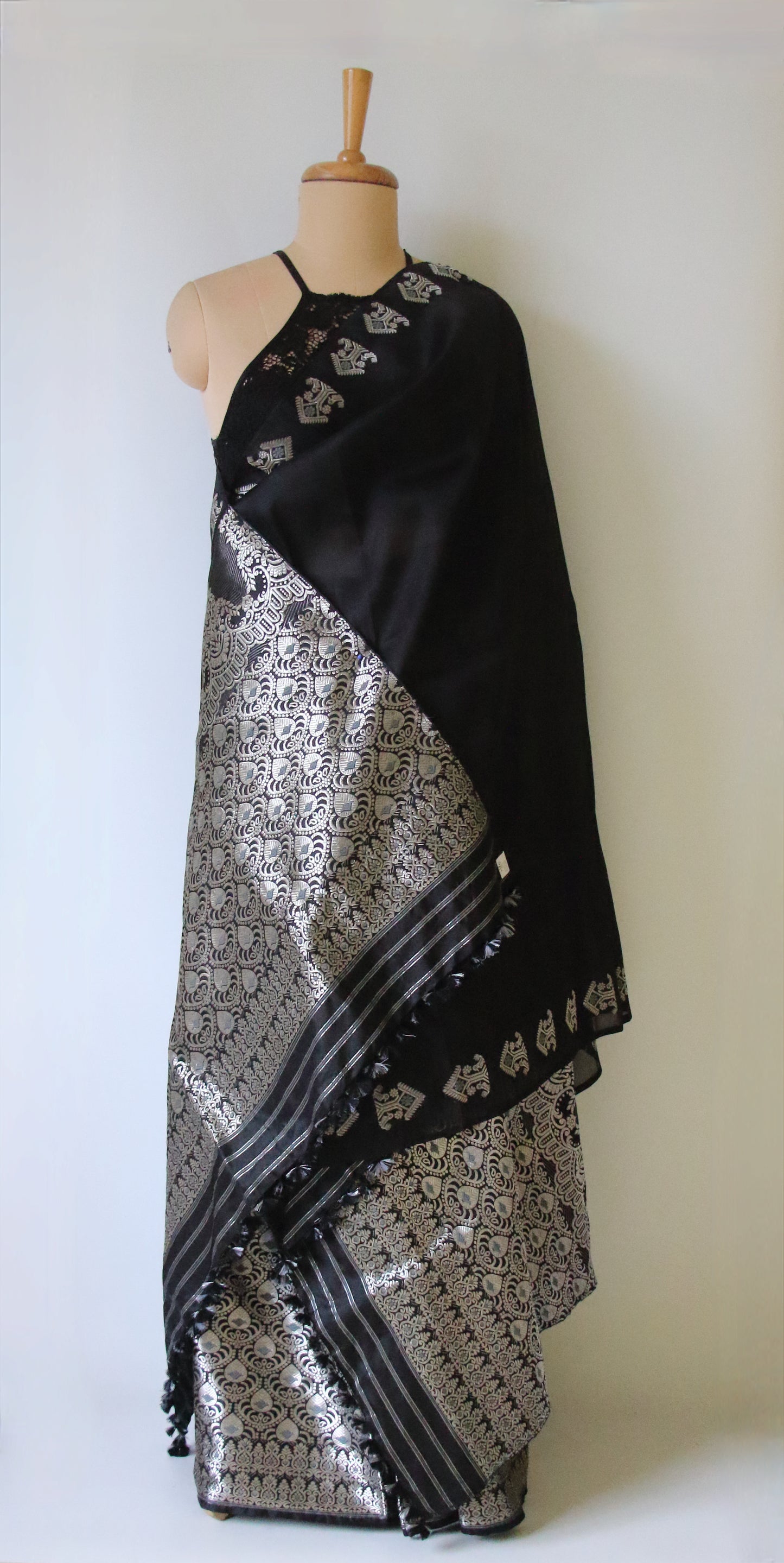 Black Handloom Mulberry Silk Mekhla Chador Set from Assam
