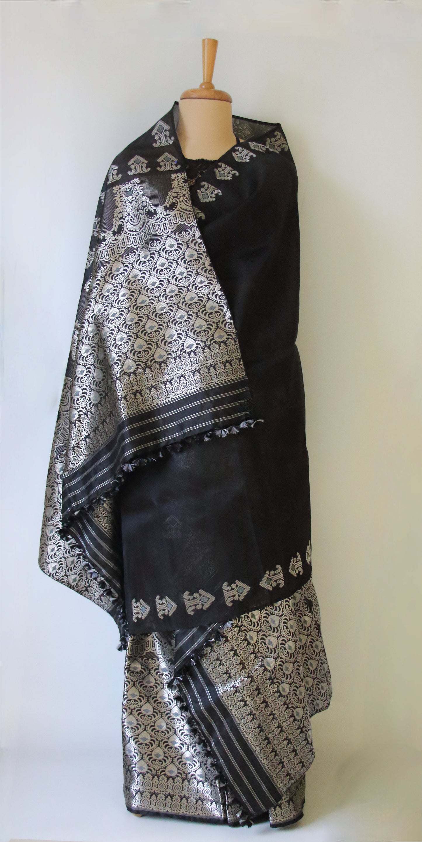 Black Handloom Mulberry Silk Mekhla Chador Set from Assam