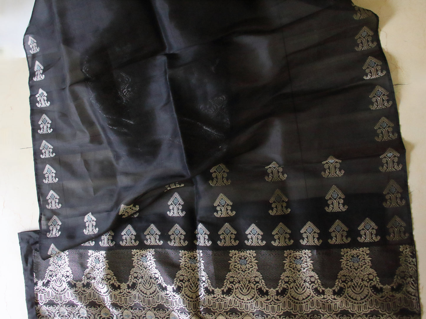 Black Handloom Mulberry Silk Mekhla Chador Set from Assam