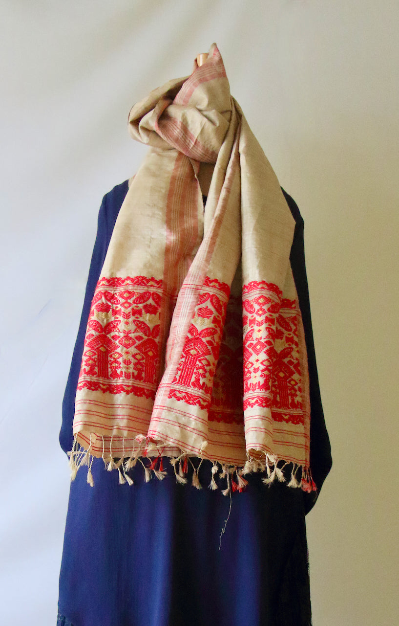 Handloom Traditional Muga Silk Shawl / Gamucha from Assam