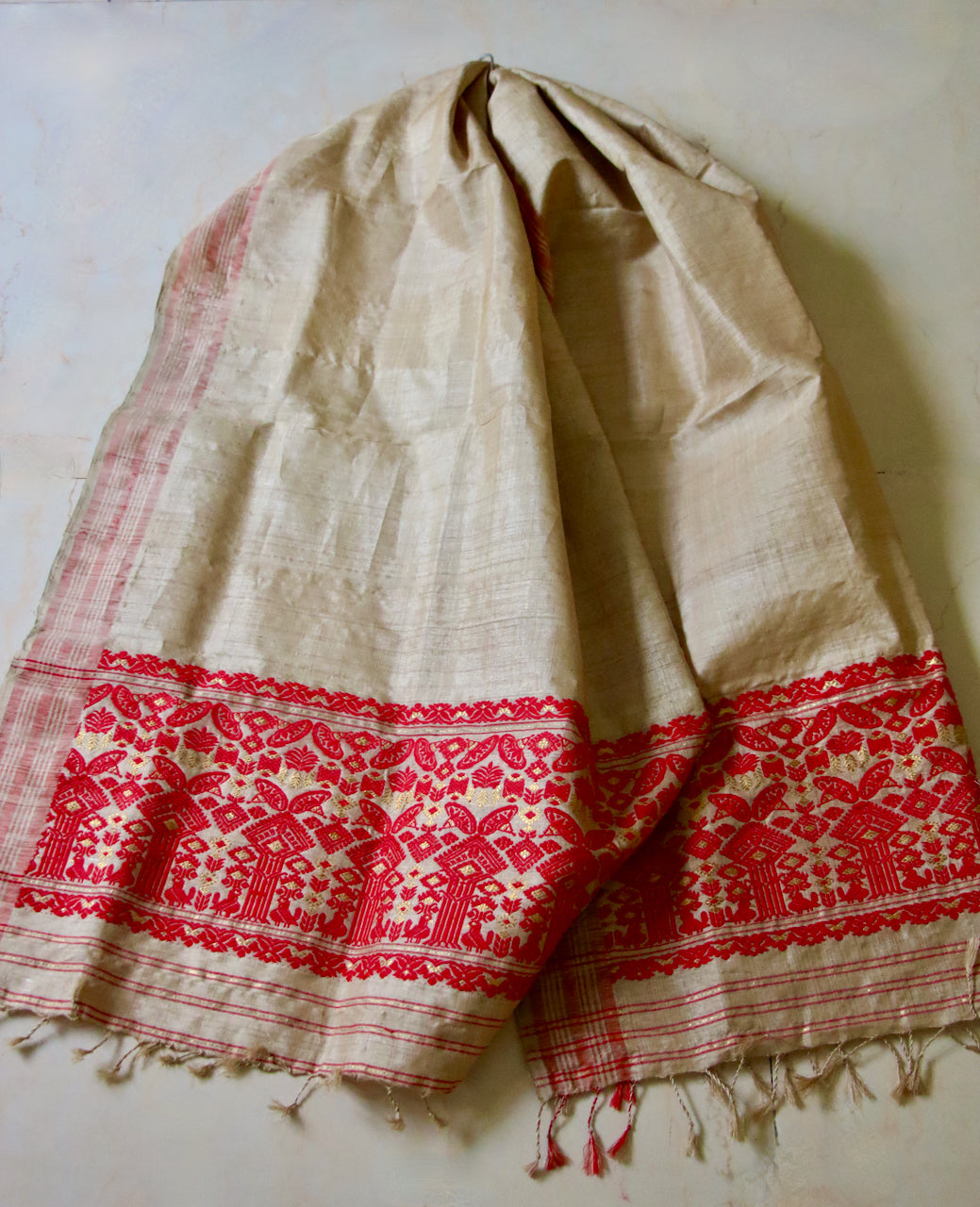 Handloom Traditional Muga Silk Shawl / Gamucha from Assam