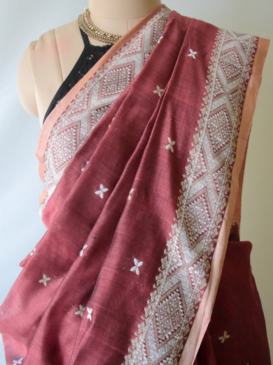 Maroon Natural Dyed  Handloom Silk Organza Saree from Assam