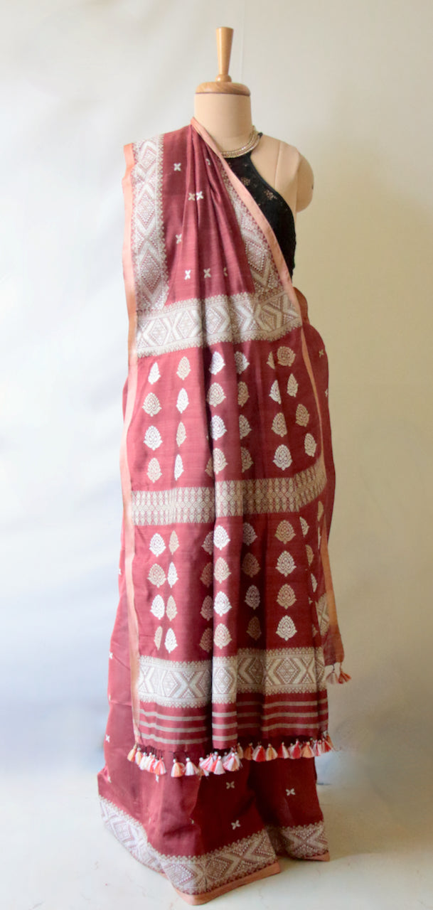 Maroon Natural Dyed  Handloom Silk Organza Saree from Assam