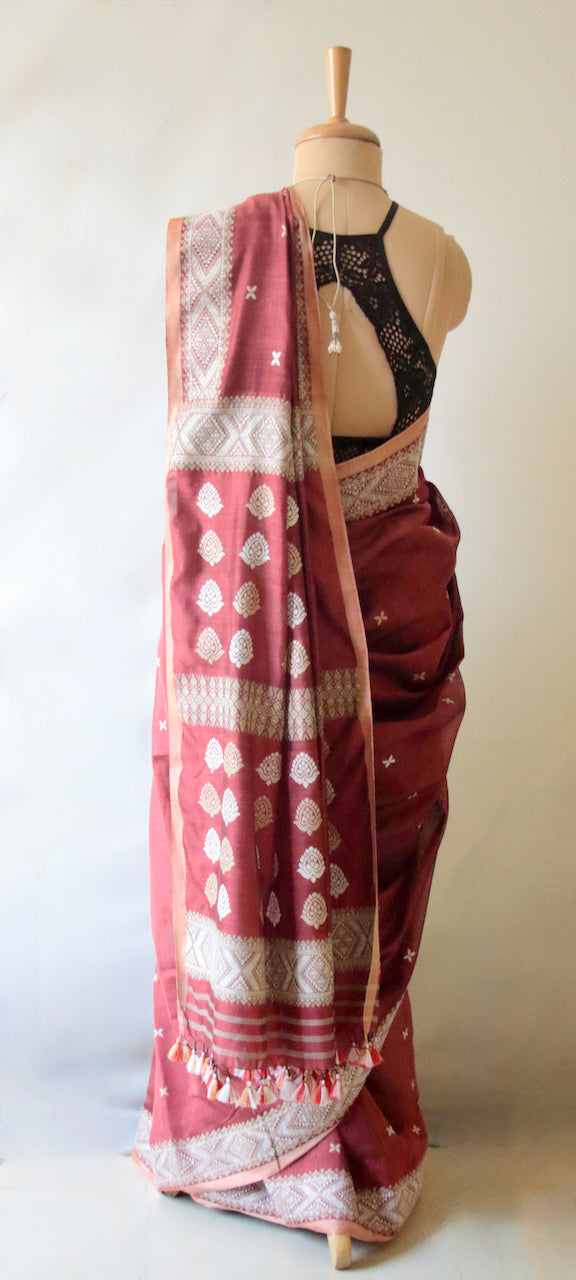 Maroon Natural Dyed  Handloom Silk Organza Saree from Assam