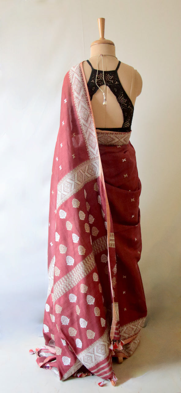 Maroon Natural Dyed  Handloom Silk Organza Saree from Assam