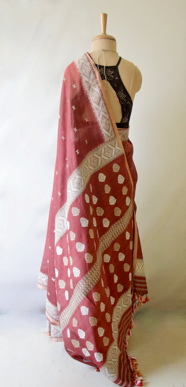 Maroon Natural Dyed  Handloom Silk Organza Saree from Assam