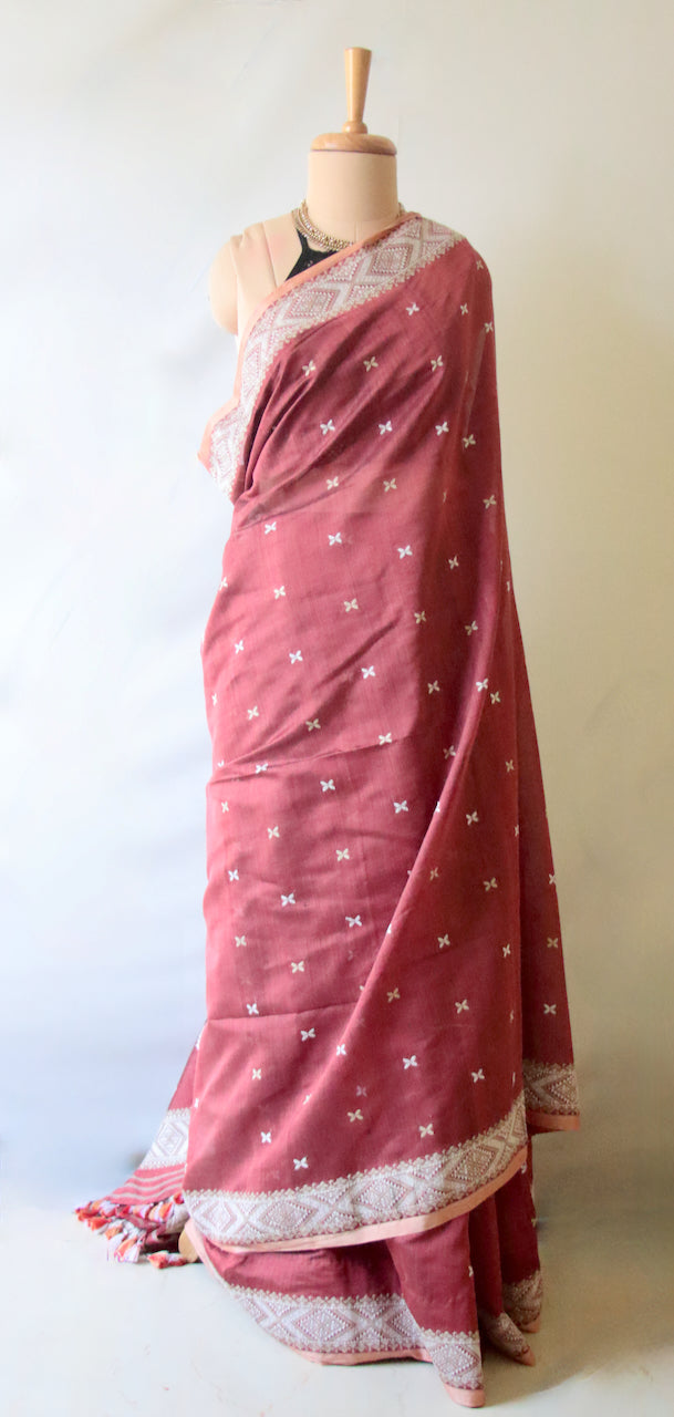 Maroon Natural Dyed  Handloom Silk Organza Saree from Assam