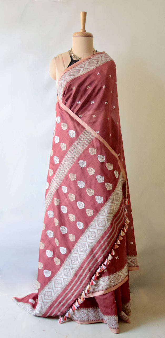 Maroon Natural Dyed  Handloom Silk Organza Saree from Assam