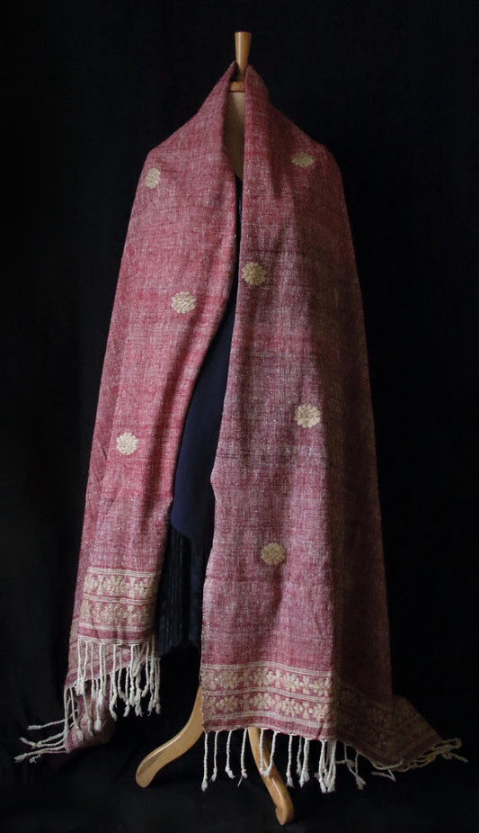 Extra Large Handwoven Maroon Hand Spun Eri Silk Shawl From Assam