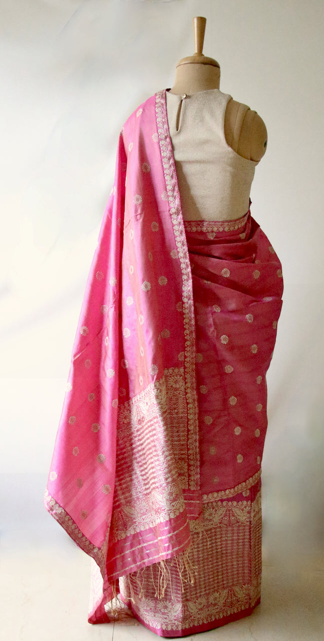 Pink Tassar Silk & Mulberry Silk Traditional Set / Mekhla Chador Set from Assam