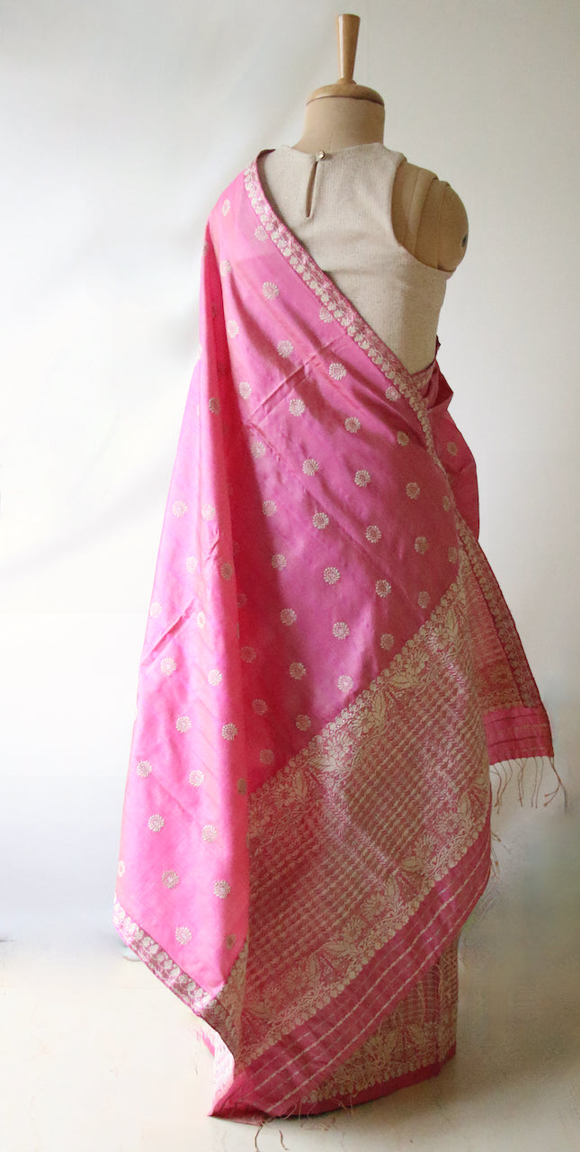 Pink Tassar Silk & Mulberry Silk Traditional Set / Mekhla Chador Set from Assam