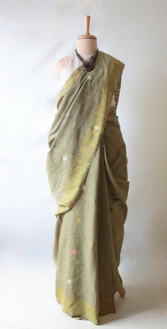 Handwoven Soft Green Natural Dyed Eri Silk Sari from Assam