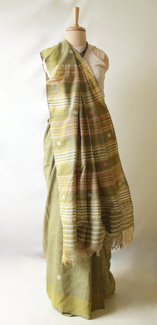 Handwoven Soft Green Natural Dyed Eri Silk Sari from Assam