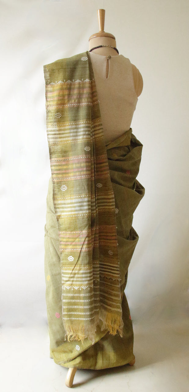 Handwoven Soft Green Natural Dyed Eri Silk Sari from Assam