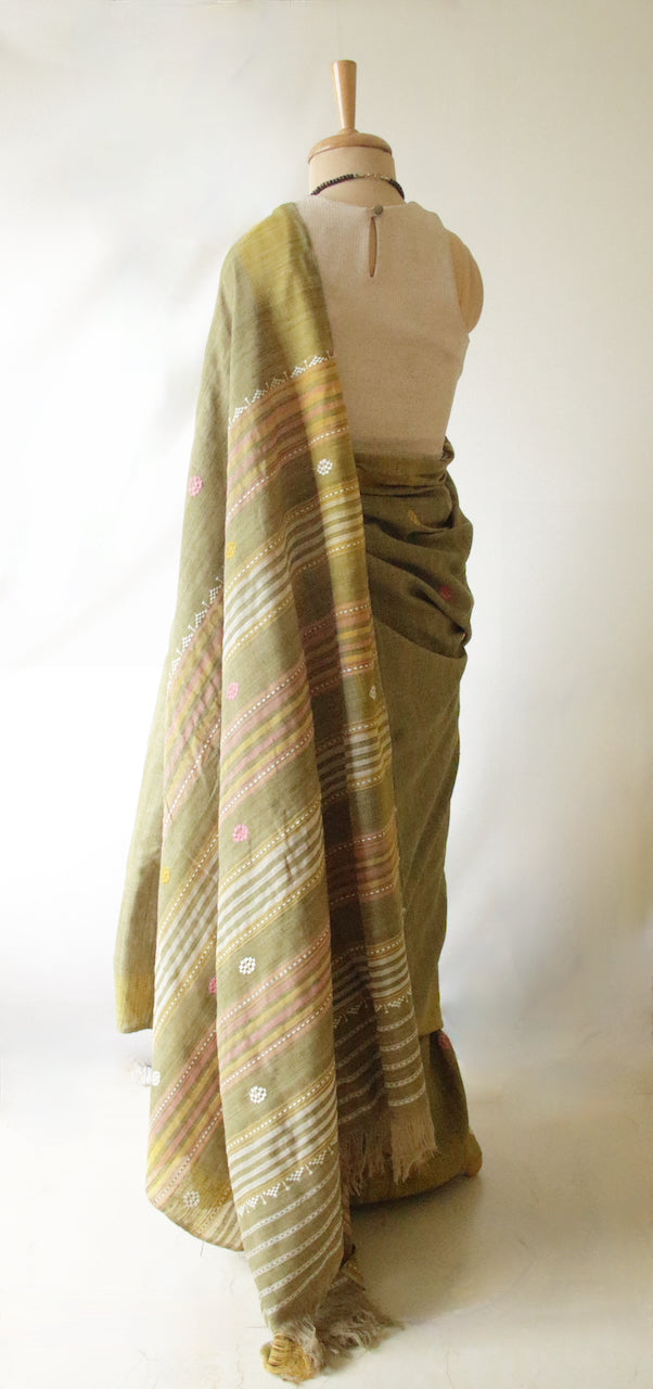 Handwoven Soft Green Natural Dyed Eri Silk Sari from Assam