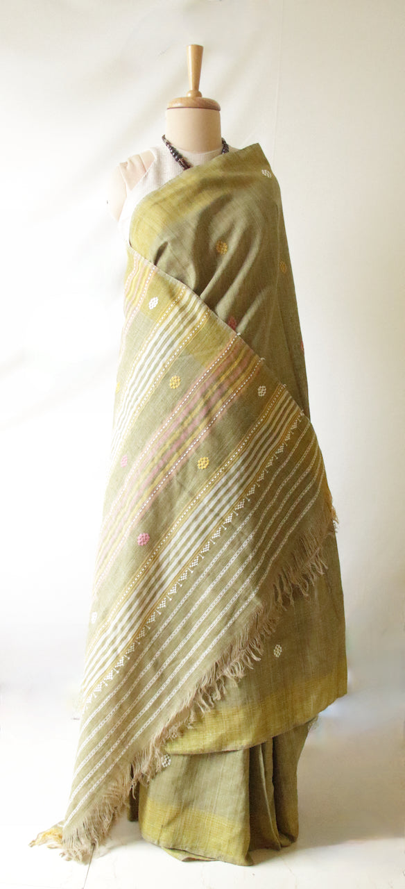 Handwoven Soft Green Natural Dyed Eri Silk Sari from Assam