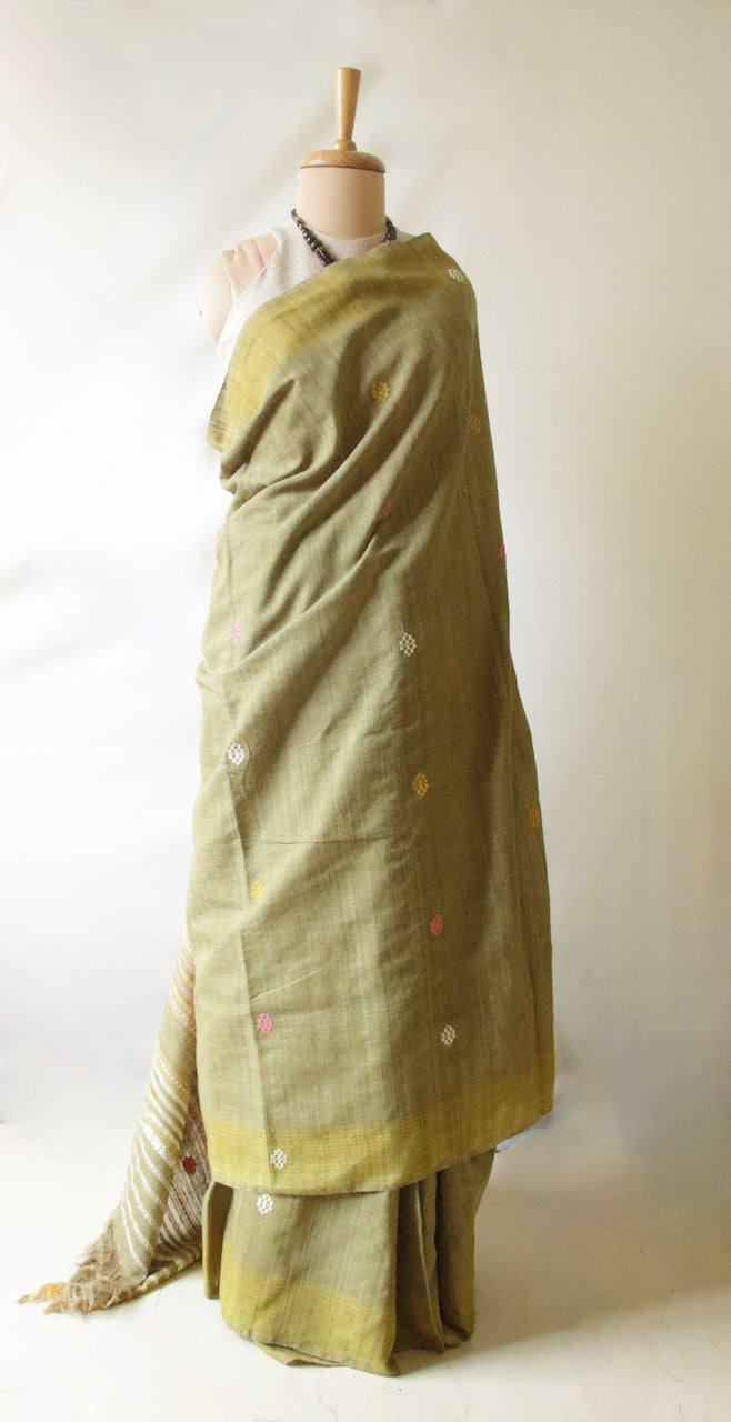 Handwoven Soft Green Natural Dyed Eri Silk Sari from Assam