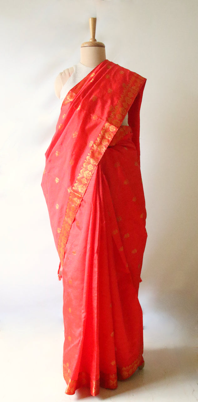 Red Orange Colour Handloom Mulberry Silk Saree from Assam