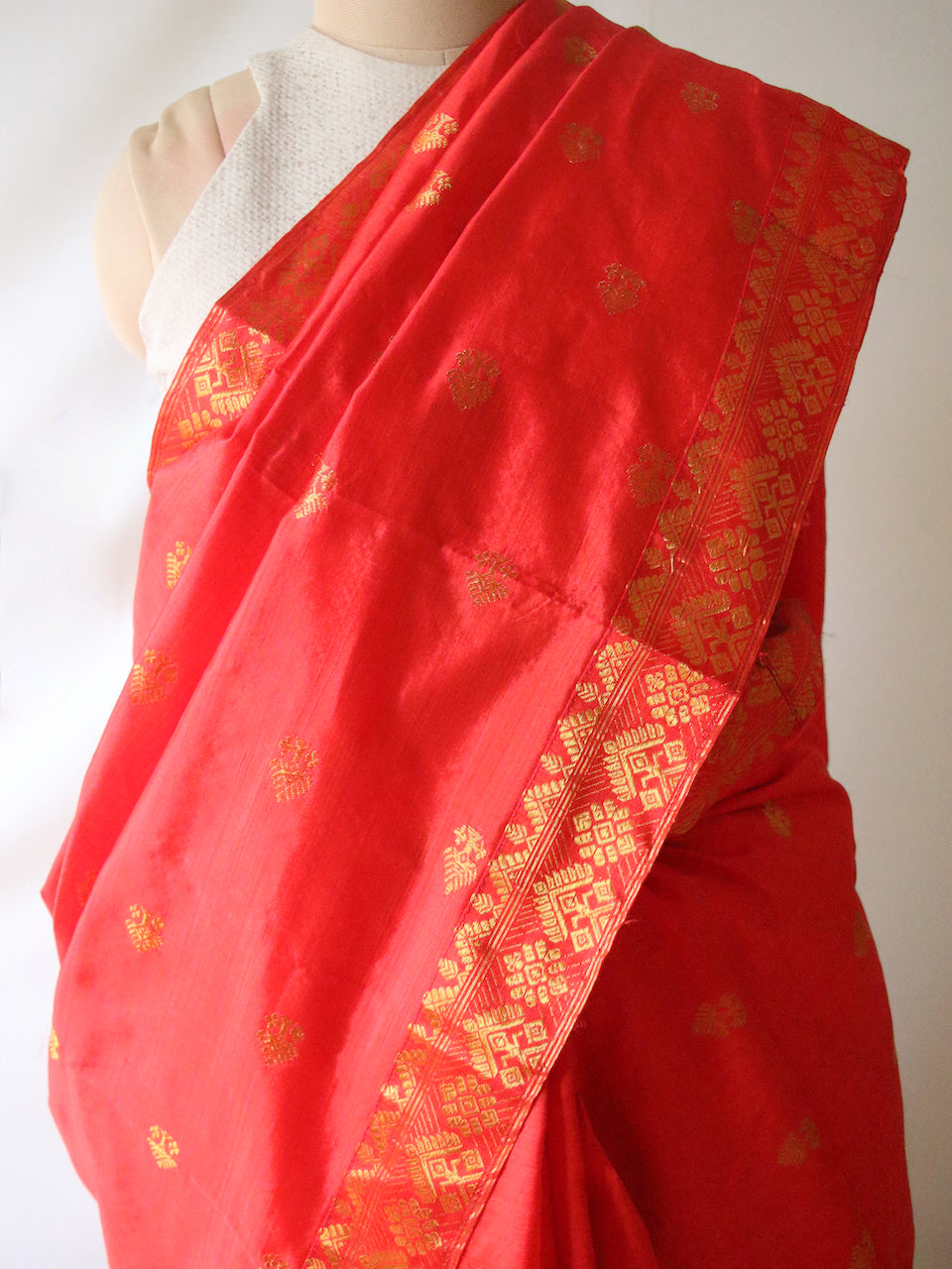 Red Orange Colour Handloom Mulberry Silk Saree from Assam