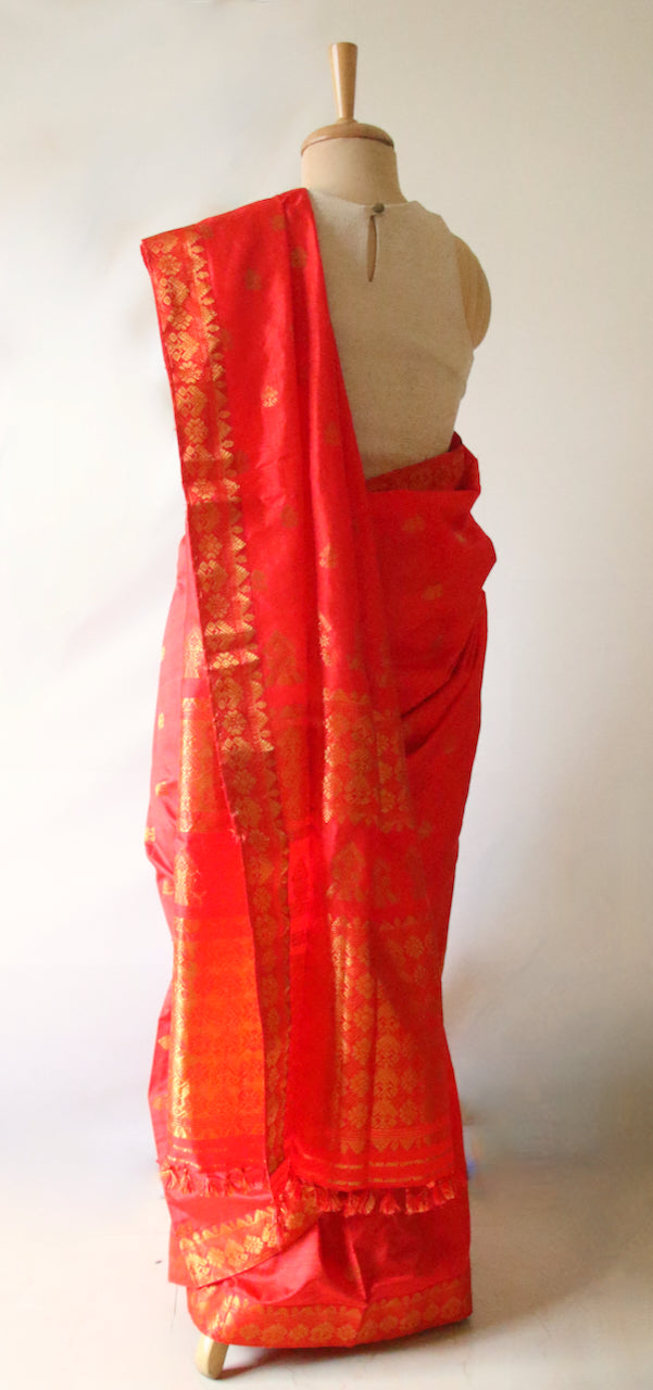 Red Orange Colour Handloom Mulberry Silk Saree from Assam