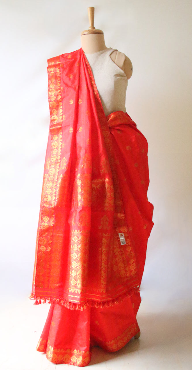 Red Orange Colour Handloom Mulberry Silk Saree from Assam