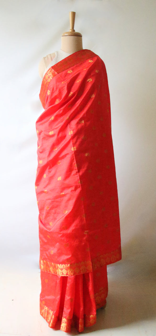 Red Orange Colour Handloom Mulberry Silk Saree from Assam