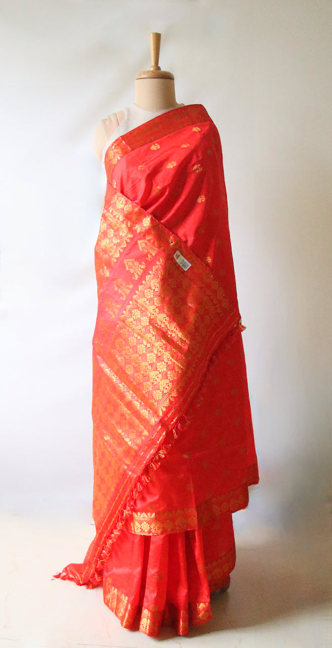 Red Orange Colour Handloom Mulberry Silk Saree from Assam