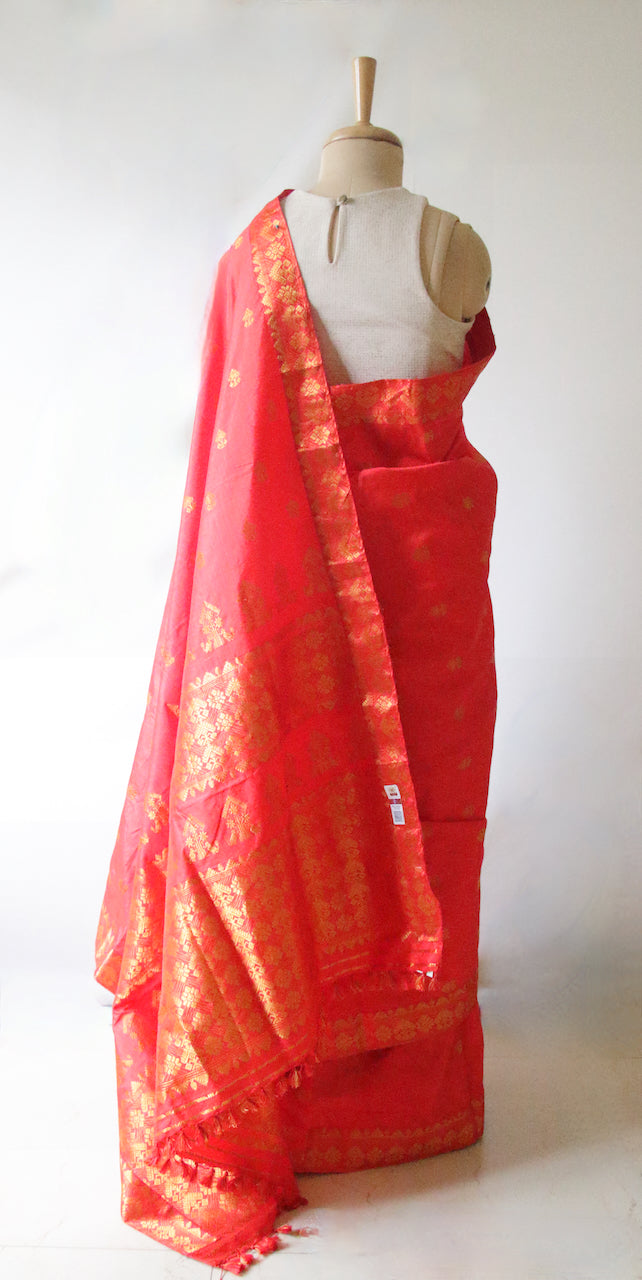 Red Orange Colour Handloom Mulberry Silk Saree from Assam